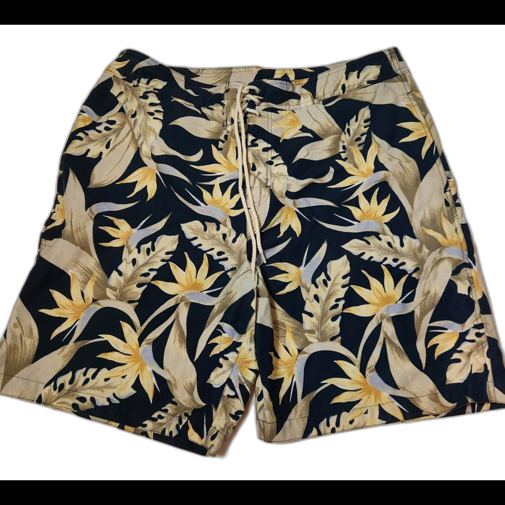 Nautica Navy And Yellow Floral Vacation Men's Swim Trunks - 38W - Front Tie